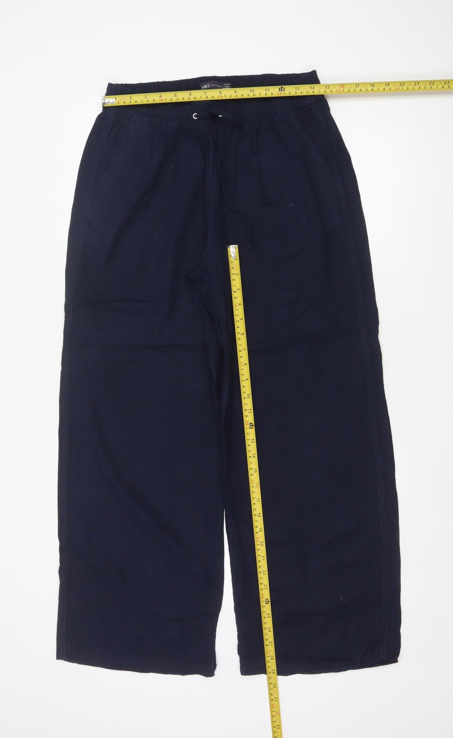 M&S Women Blue Linen Blend Size 12 Short Wide Leg Drawstring Trousers