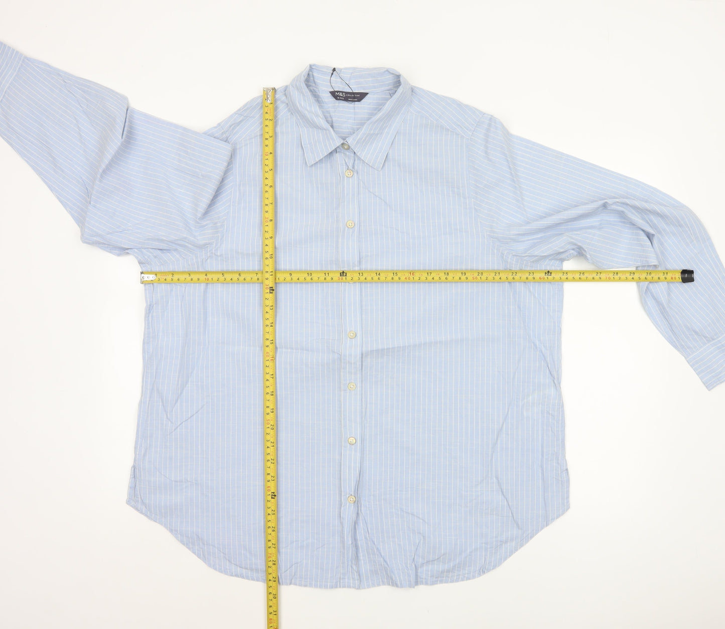 Marks and Spencer Women Blue UK 18 Regular Striped Cotton Button-Up Shirt