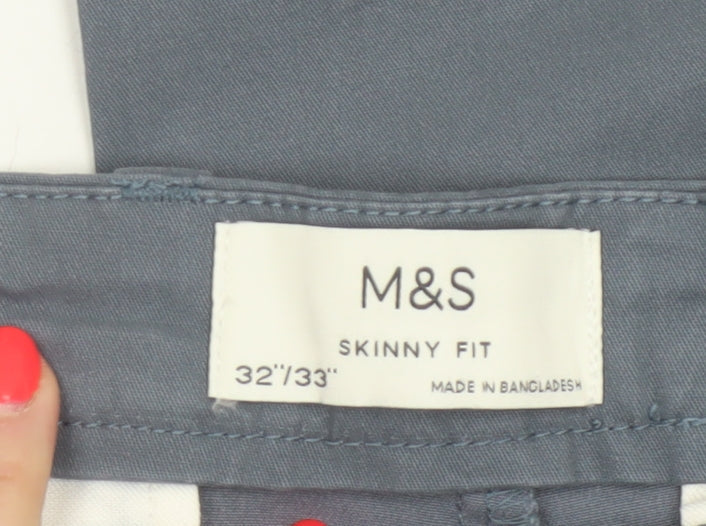 M&S Mens Grey 32in Skinny Fit Stretch Cotton Chino Trousers 33in Leg
