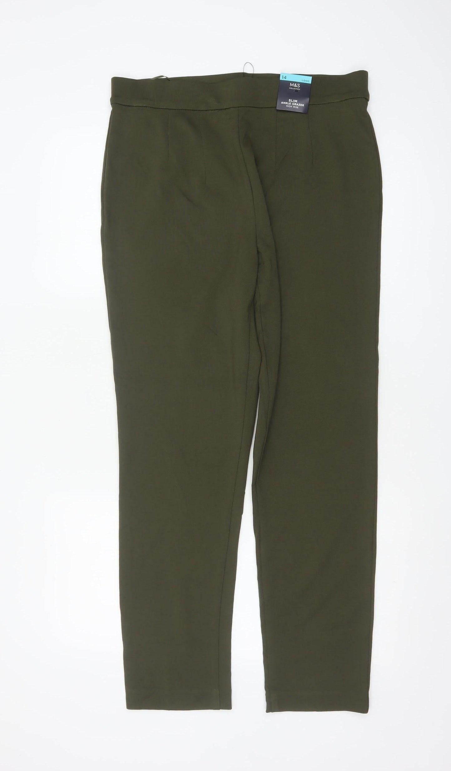 M&S Women’s Dark Khaki Size 14 Long Slim Ankle Grazer High Rise Trousers