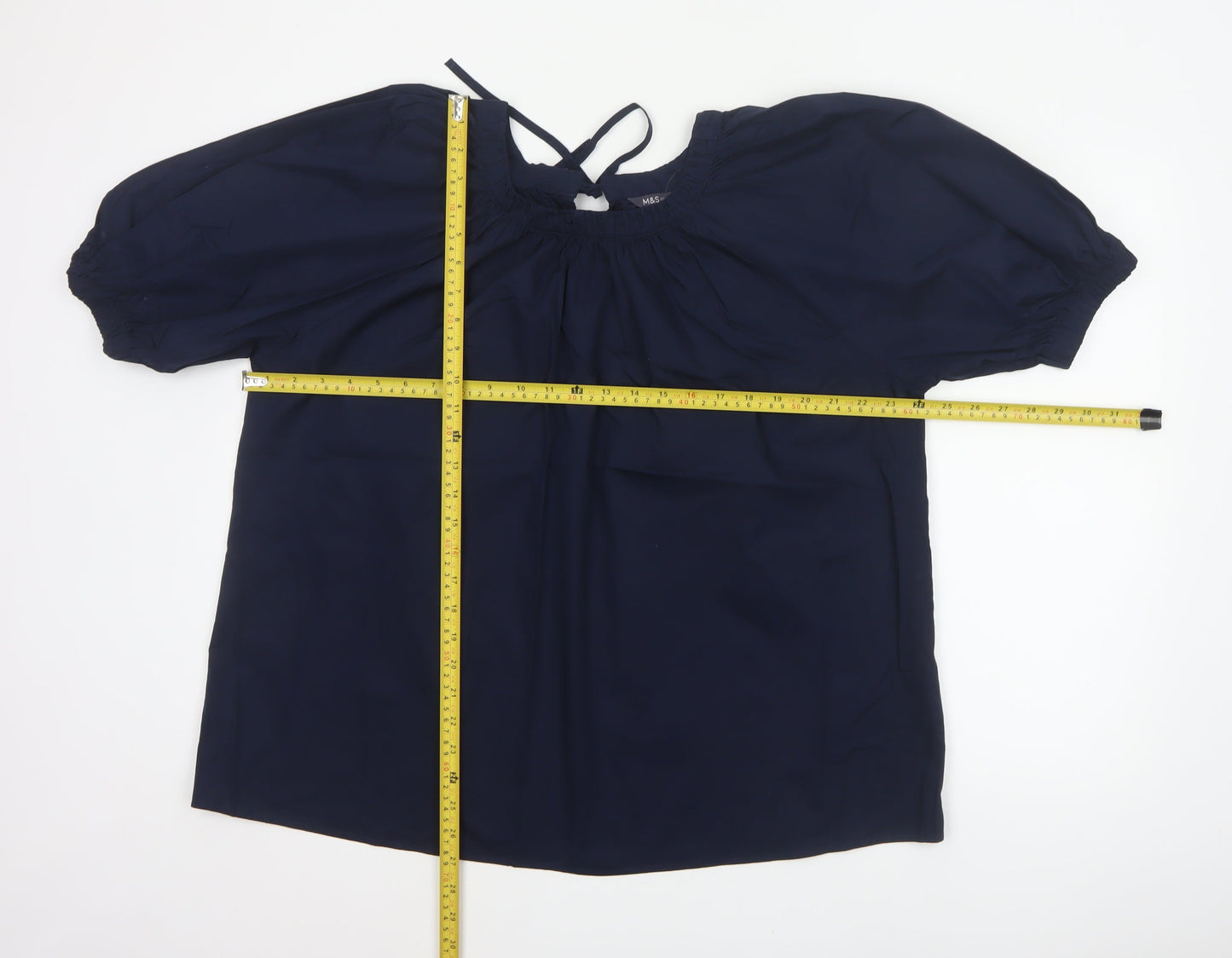 Marks and Spencer Women Blue Size 14 Tie Neck Puff Sleeve Blouse