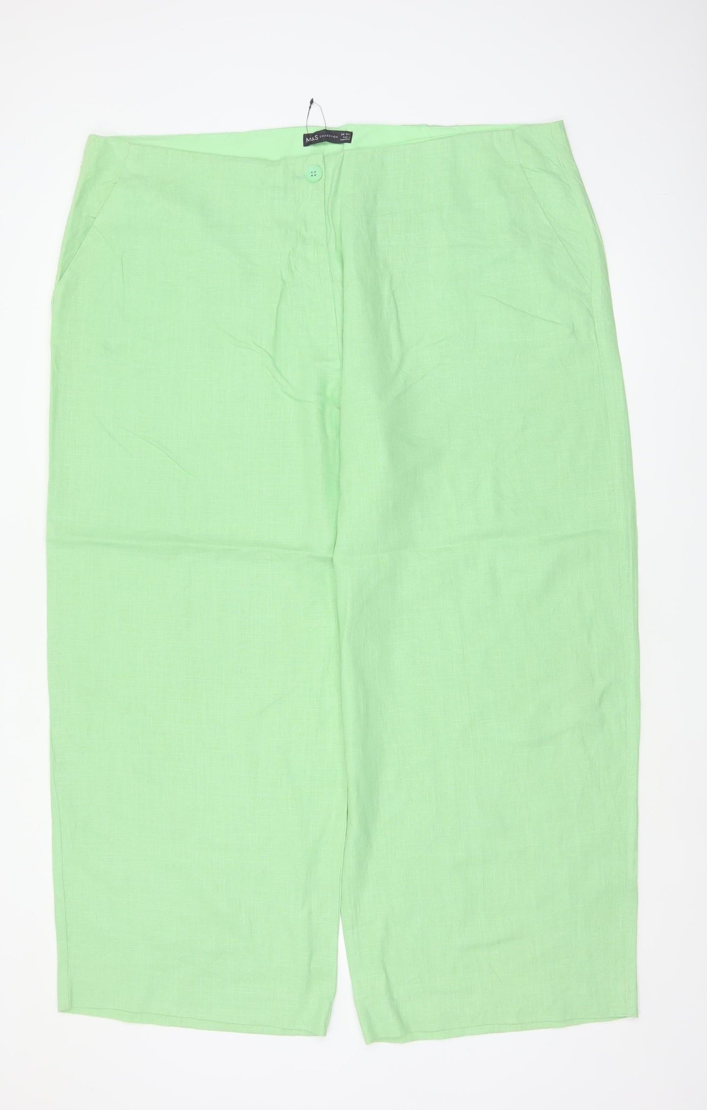M&S Women Green Size 24 Short Linen Blend Wide Leg Trousers