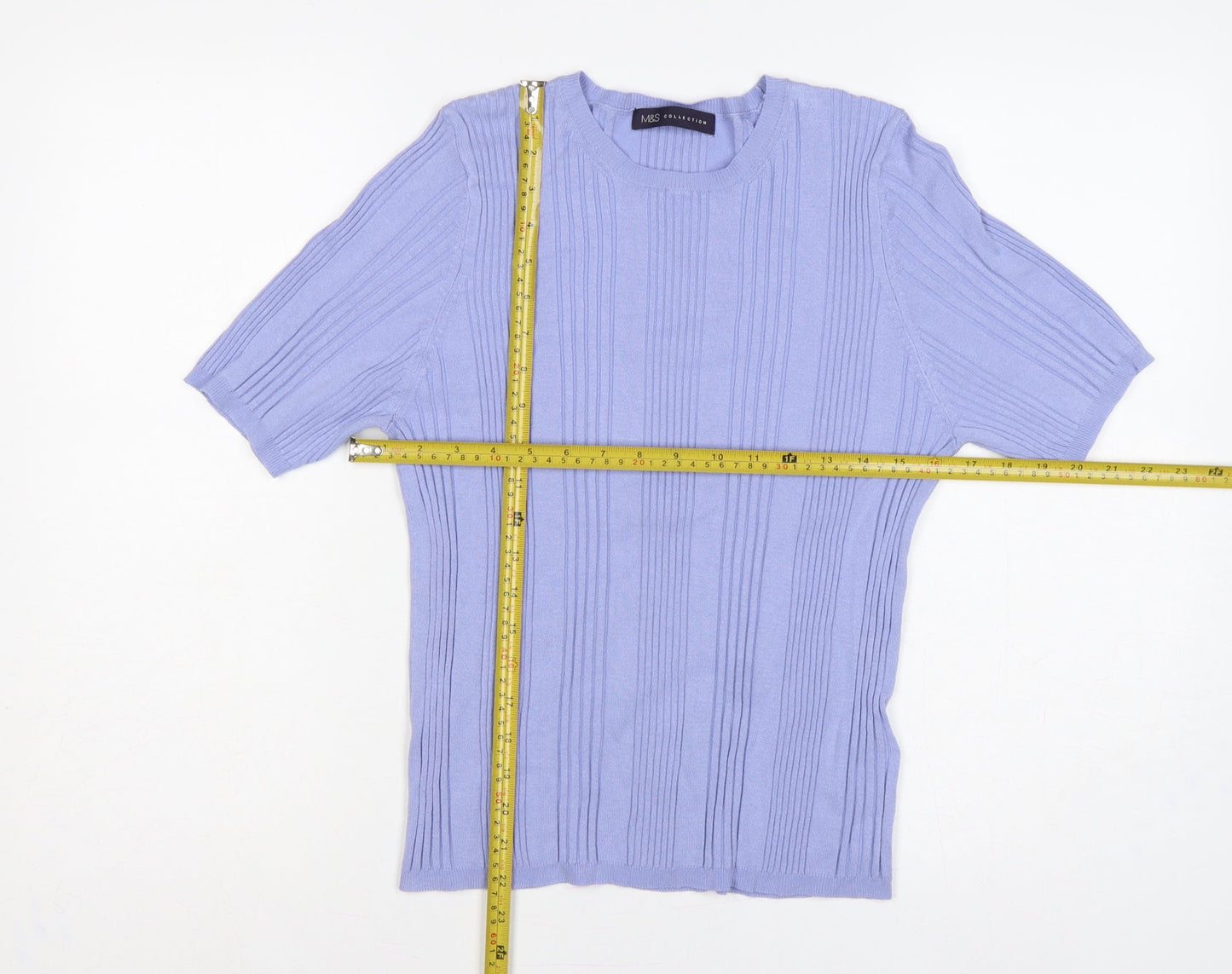 Marks and Spencer Women Blue UK 16 Ribbed Knit Short Sleeve Jumper