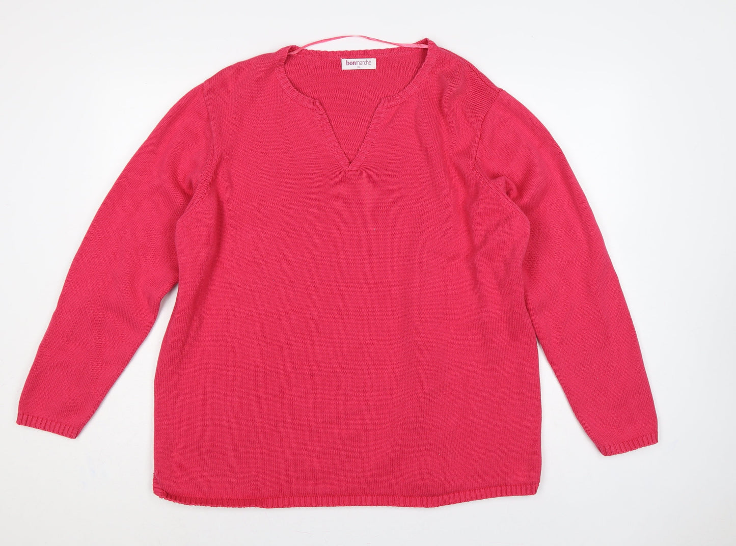 Bonmarché Women Pink XL Cotton V-Neck Raglan Knit Pullover Jumper