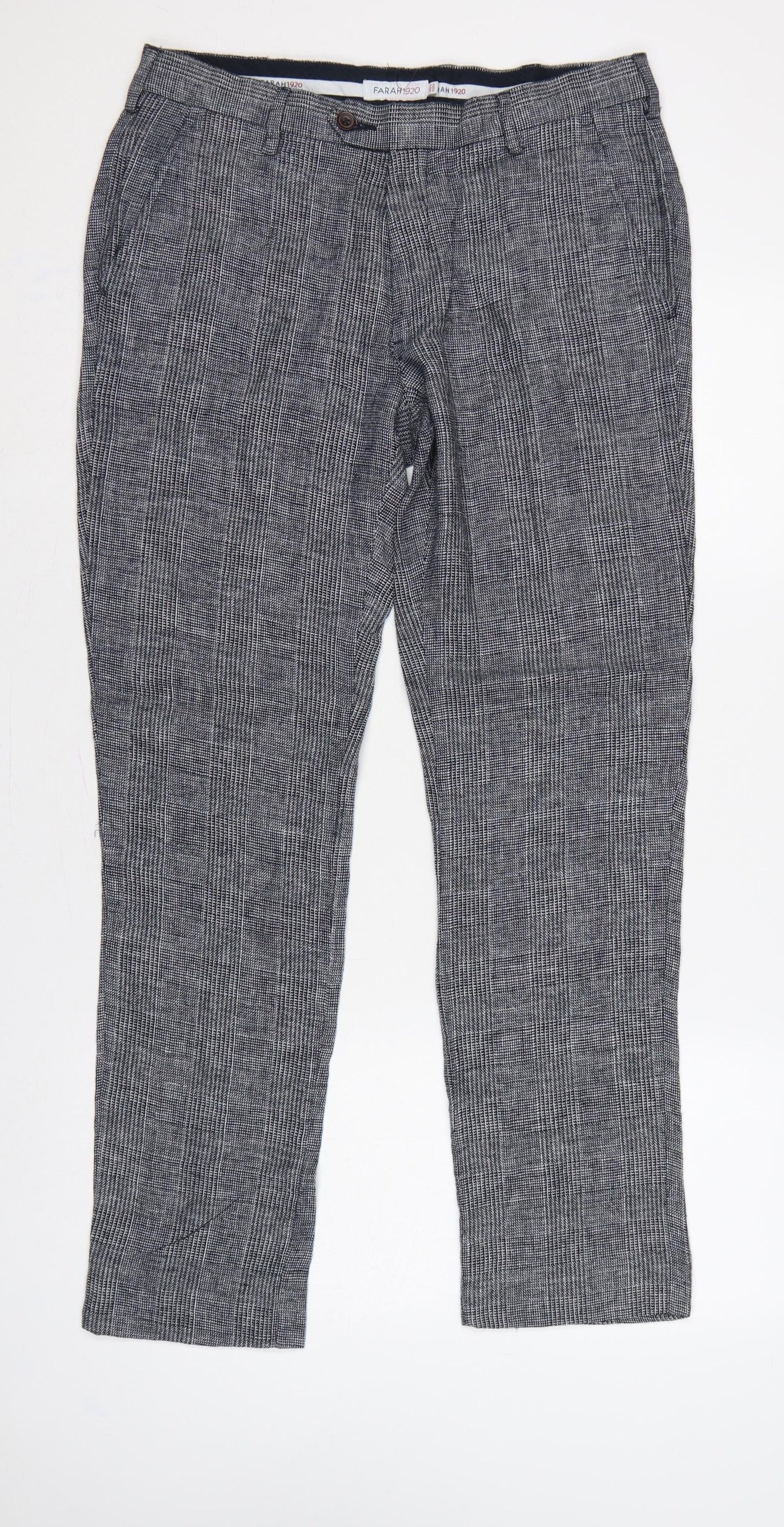 Farah 1920 Men’s Grey Check Linen Cotton 32/32 Straight Trousers