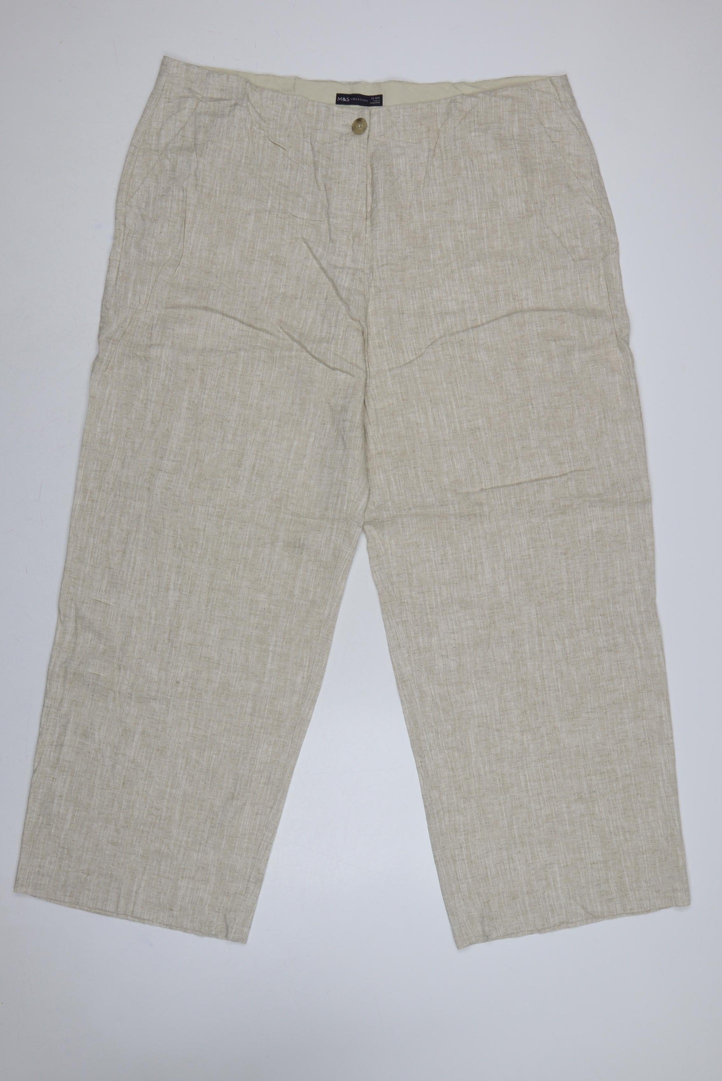 M&S Women Beige Linen Blend Straight Trousers UK 22 Regular