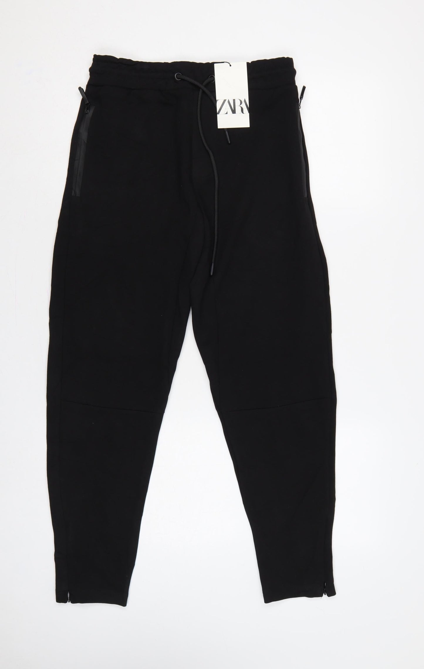 Zara Women Black Size S Tapered Jogger Trousers Zip Pockets