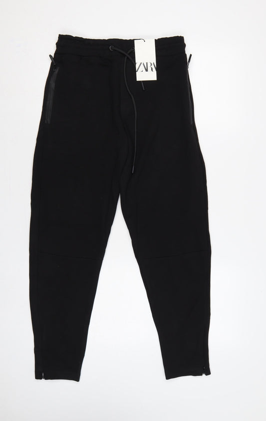 Zara Women Black Size S Tapered Jogger Trousers Zip Pockets
