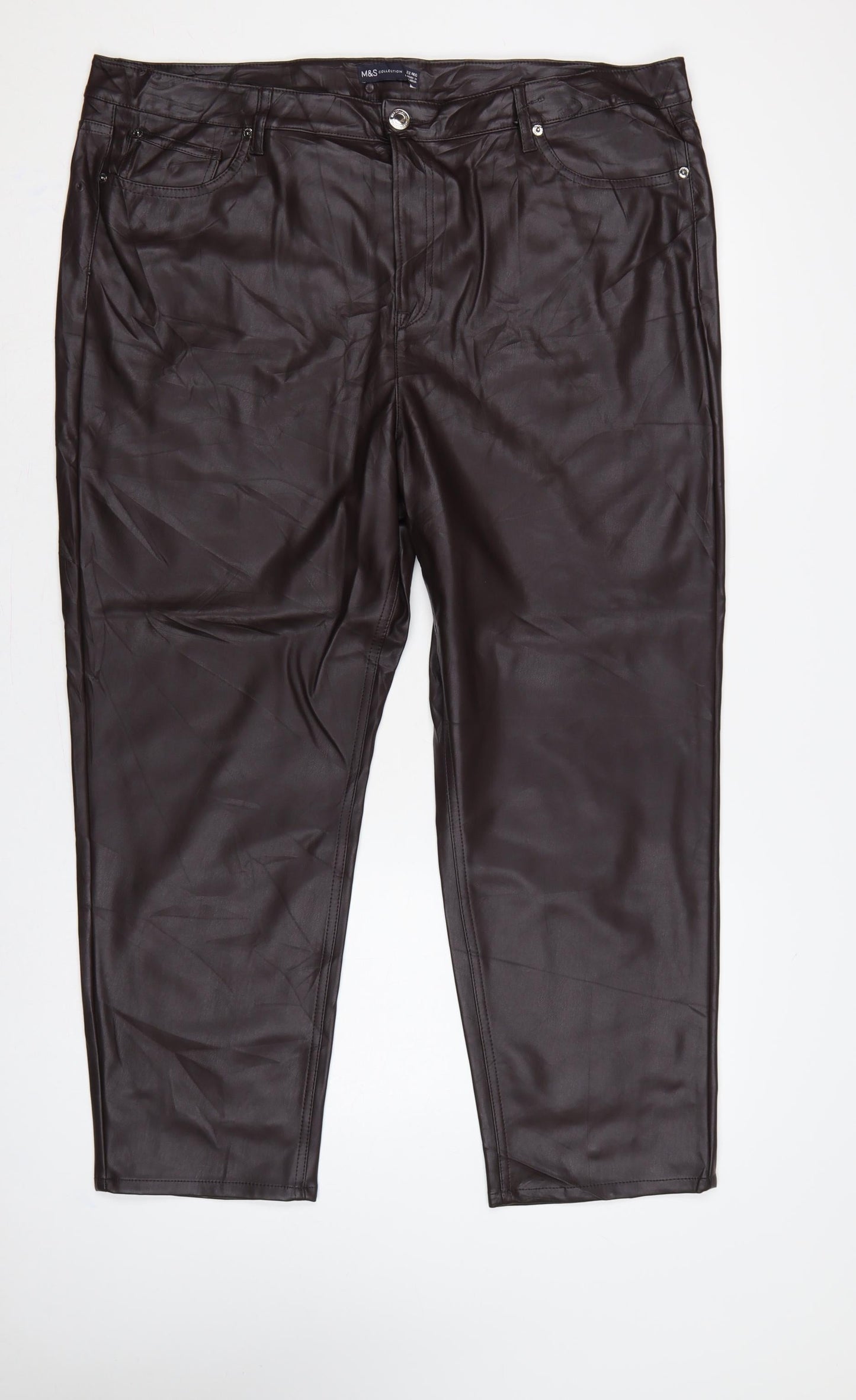 Marks & Spencer Women's Brown Faux Leather Tapered Trousers UK 22