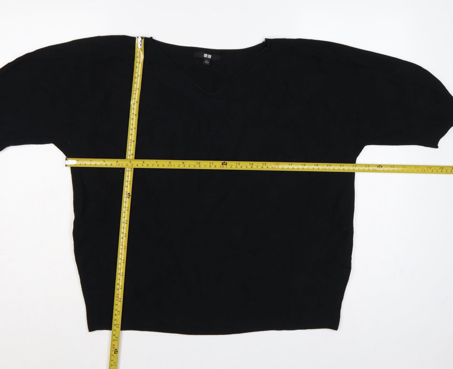 Uniqlo Women Black L V-Neck Short Sleeve Cotton Knit Pullover Jumper