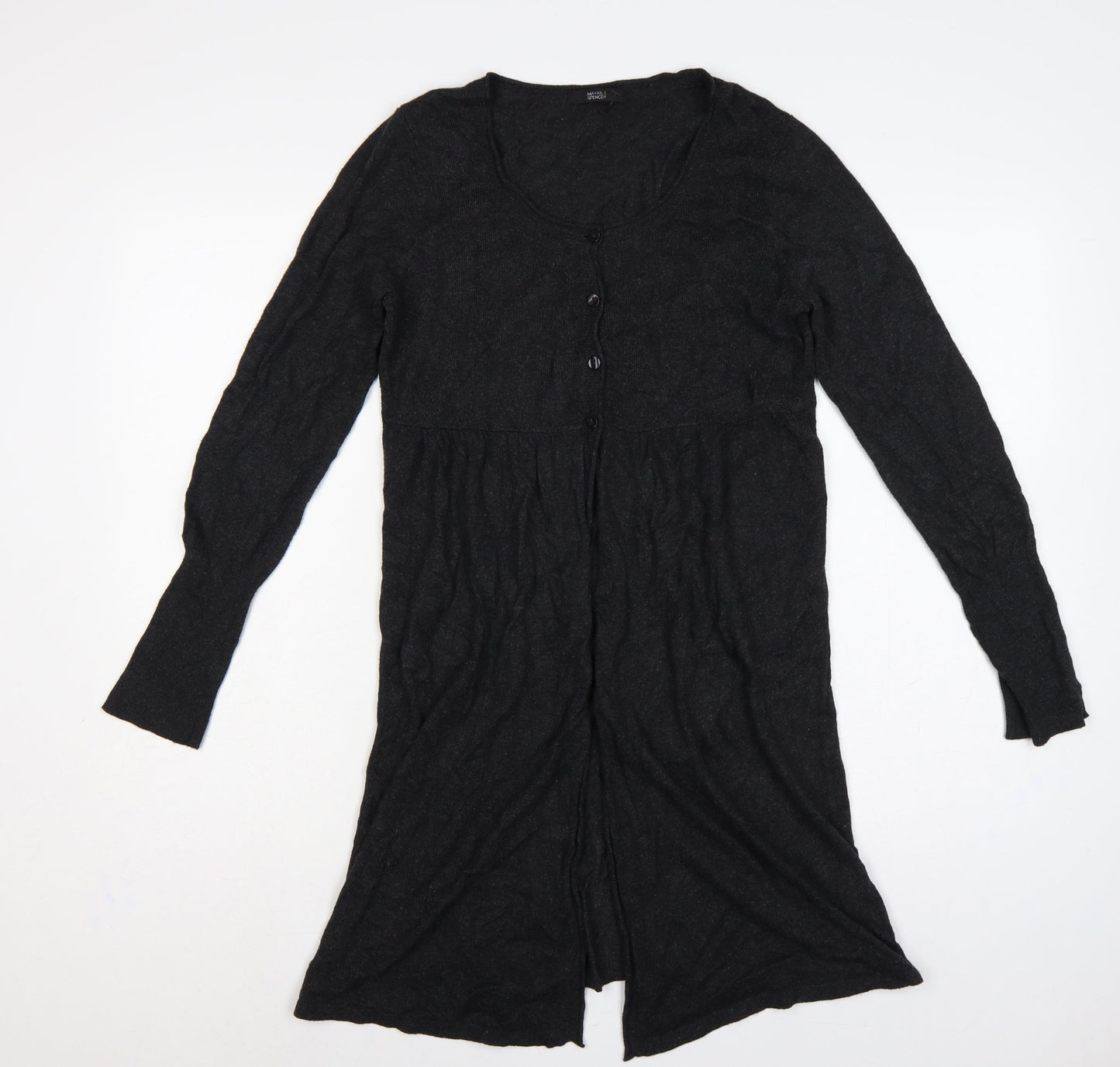 Marks and Spencer Women Black Size 10 V-Neck Longline Button Cardigan