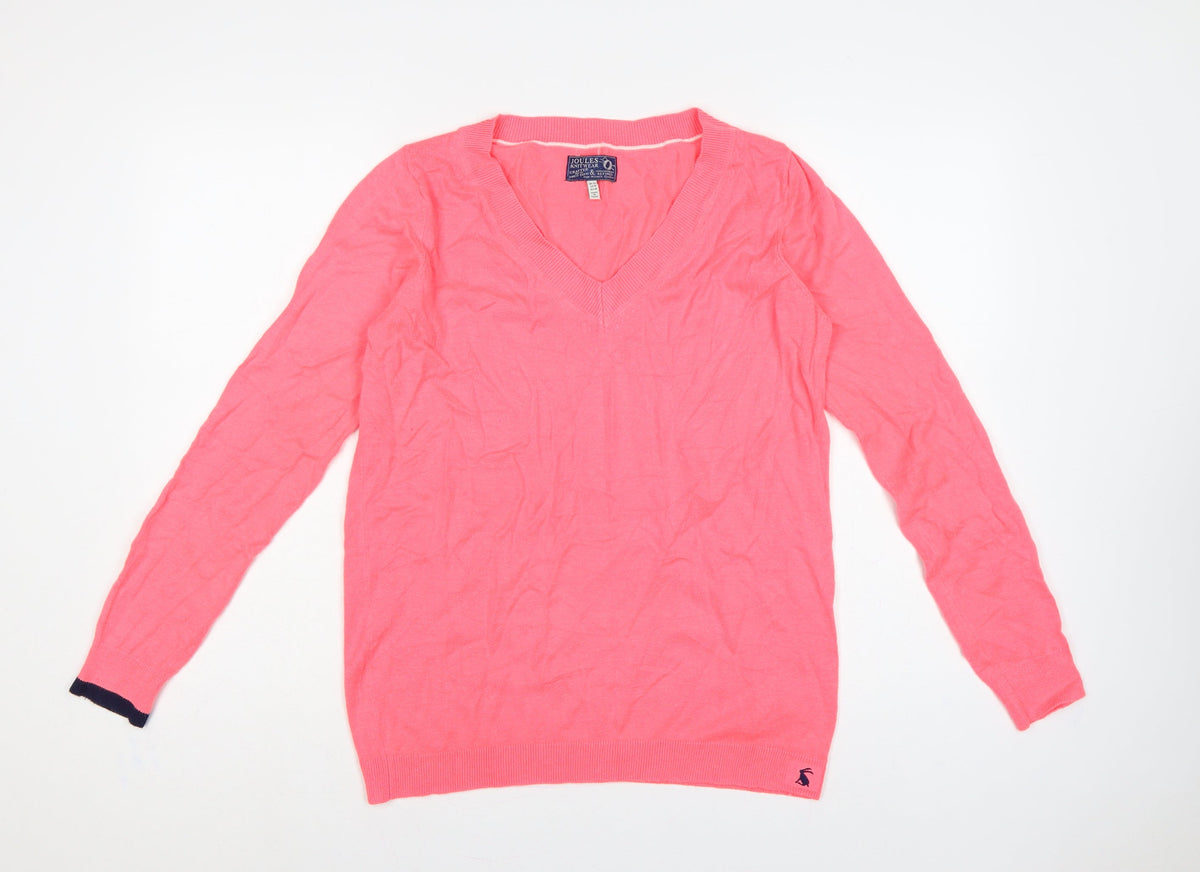Joules Women Pink V-Neck Knit Pullover Jumper UK 12 Long Sleeve