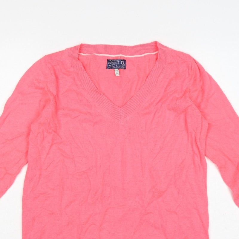 Joules Women Pink V-Neck Knit Pullover Jumper UK 12 Long Sleeve