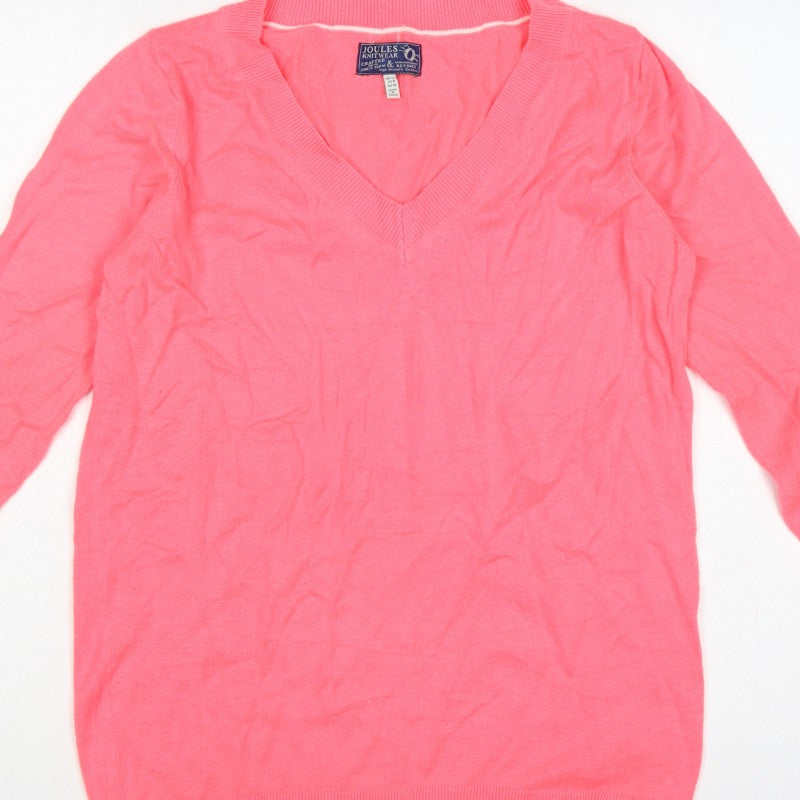 Joules Women Pink V-Neck Knit Pullover Jumper UK 12 Long Sleeve