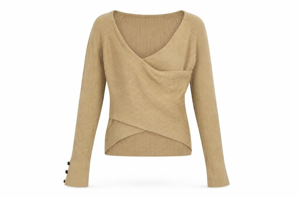 Next Women Beige S Rib Knit Wrap V-Neck Long Sleeve Jumper