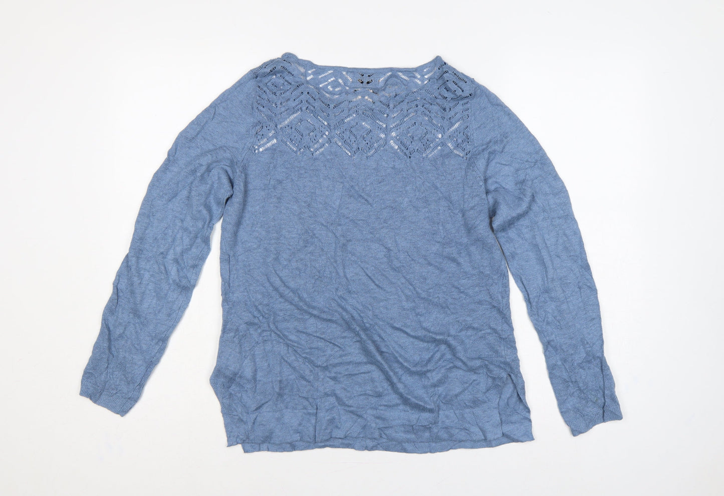 Nanette Lepore Women’s Blue Linen L Open-Knit Round Neck Jumper