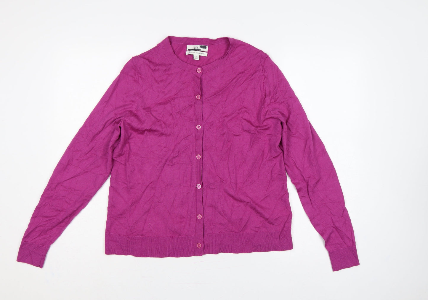 Marks and Spencer Women Pink Merino Wool Size 14 Round Neck Cardigan