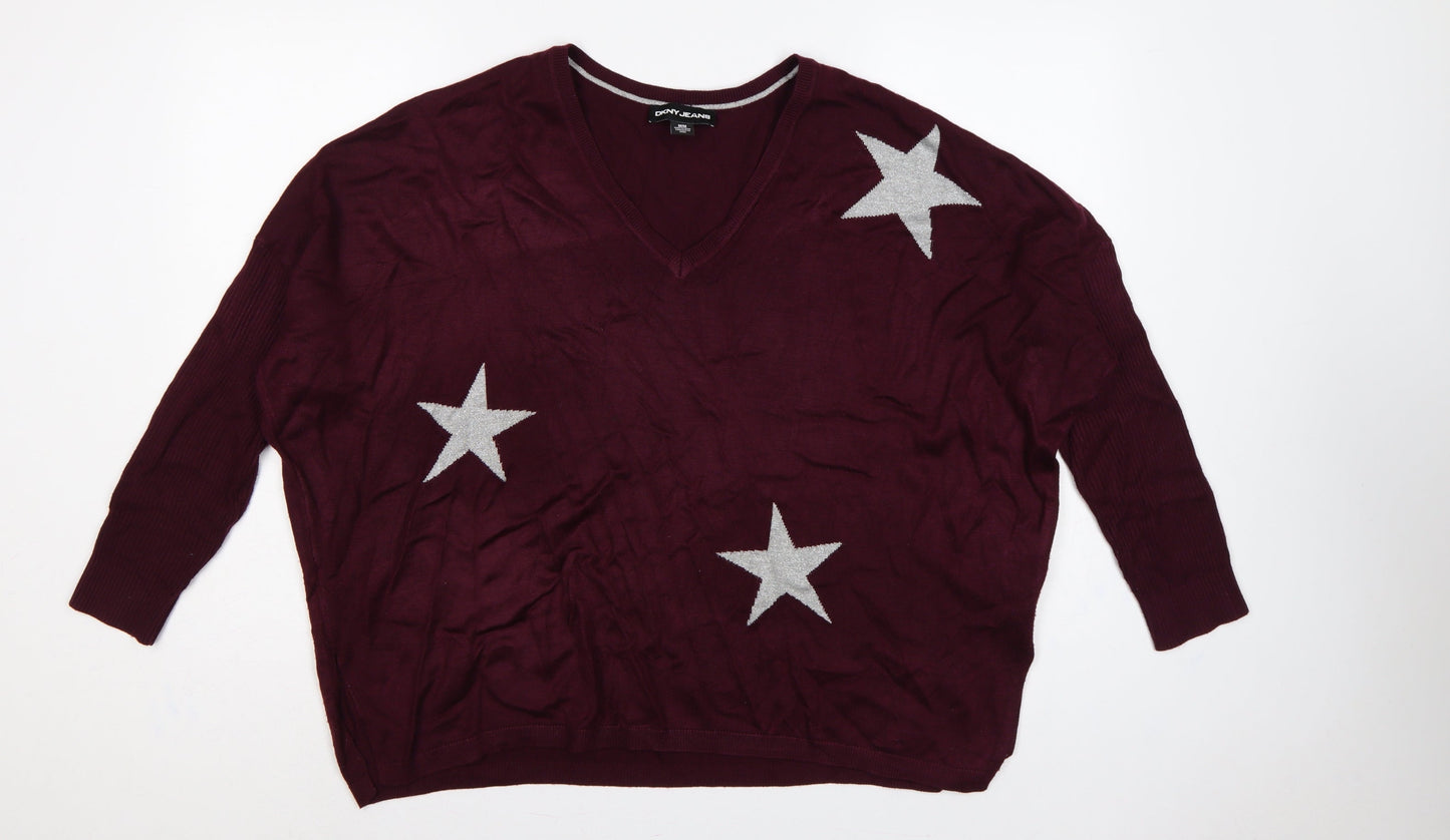 DKNY Jeans Women Red M V-Neck 3/4 Sleeve Silver Star Knit Jumper
