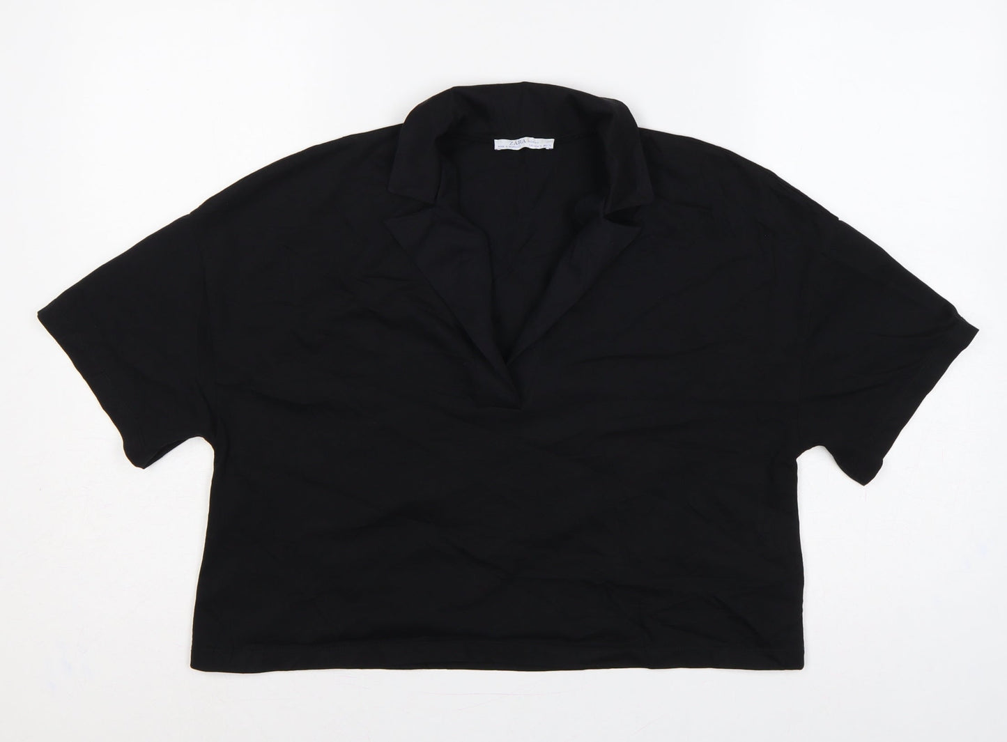 Zara Women Black UK 8 Cotton Collared Short Sleeve Polo Top