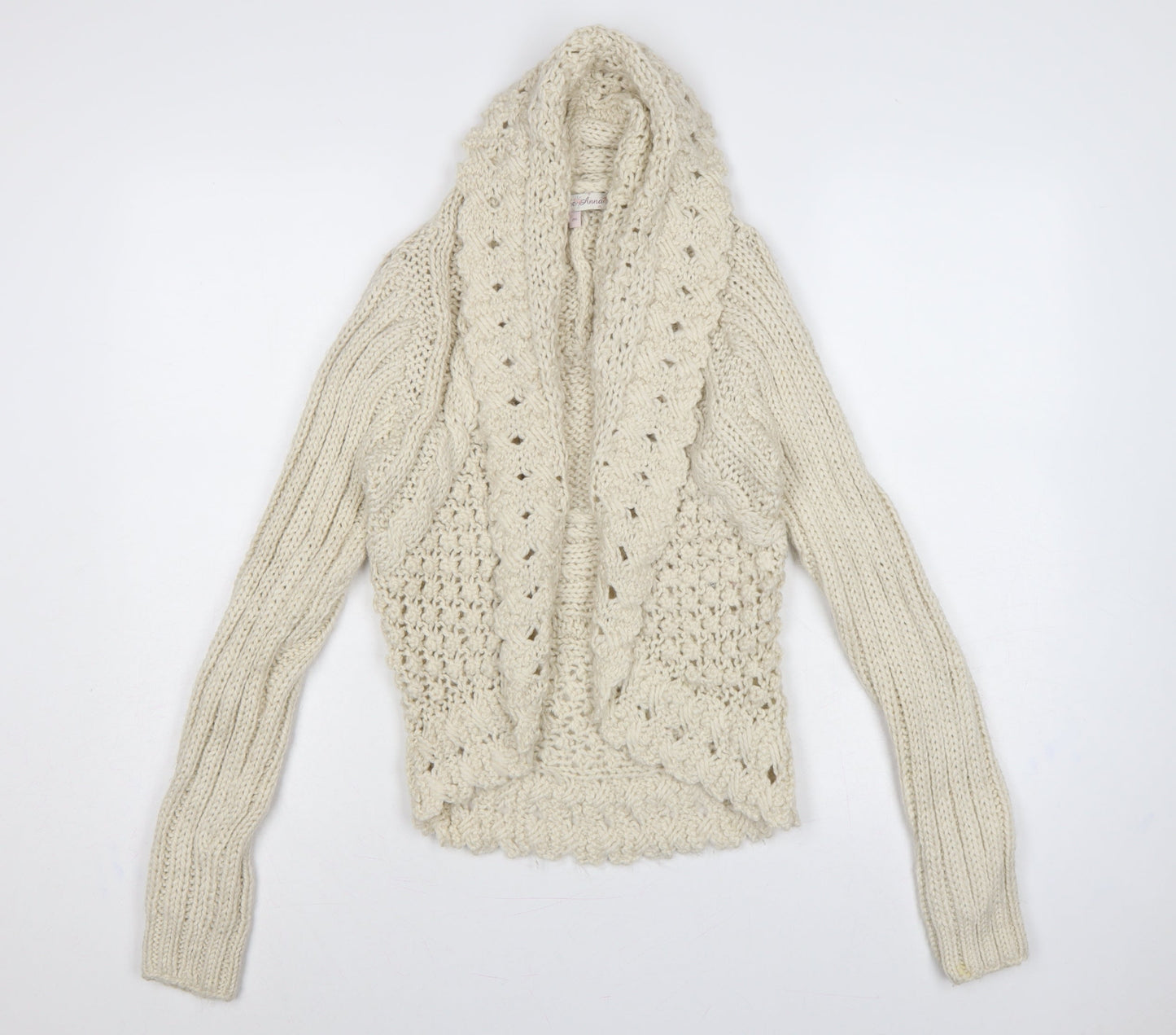 Allie & Anna Women Ivory M Hooded Cable Knit Open Cardigan