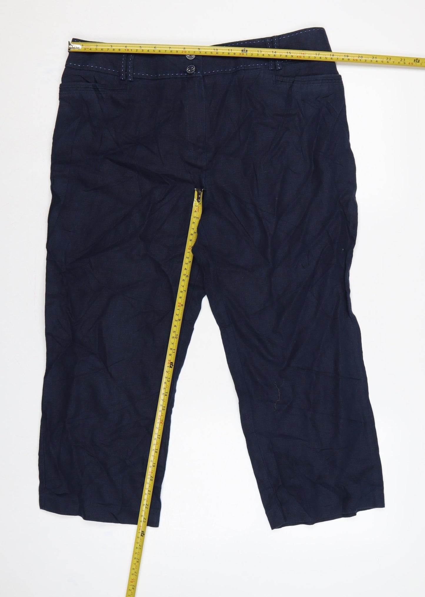 M&S Per Una Women Blue Size 16 Linen Cropped Tapered Trousers