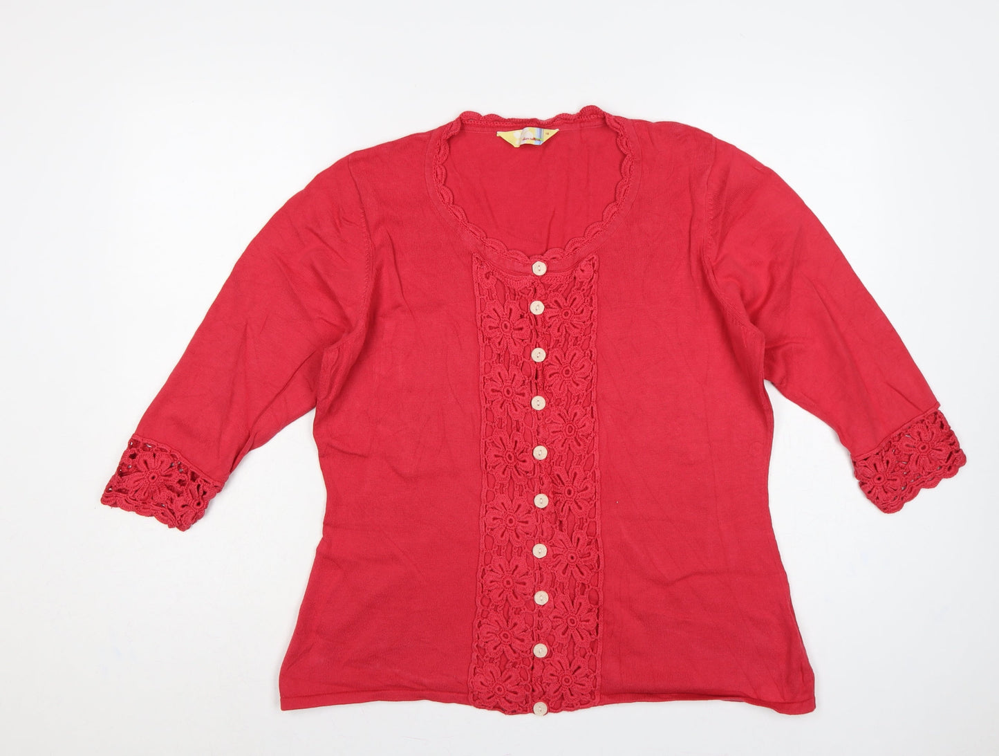 Alice Collins Women Red Size 18 Cotton Crochet Button Cardigan