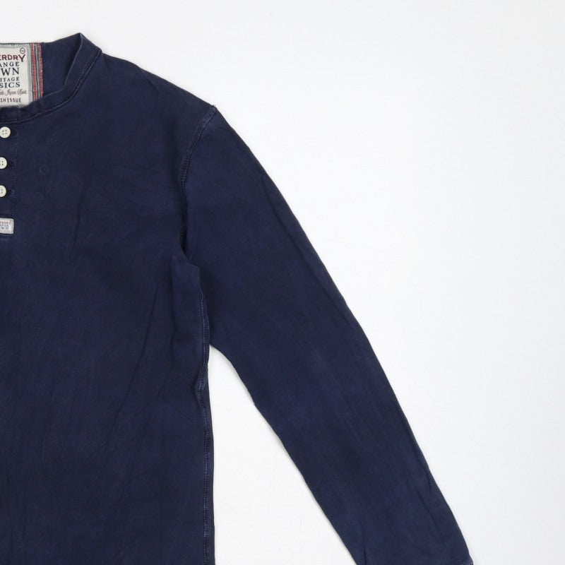 Superdry Mens Blue Large Long Sleeve Henley Jersey T-Shirt