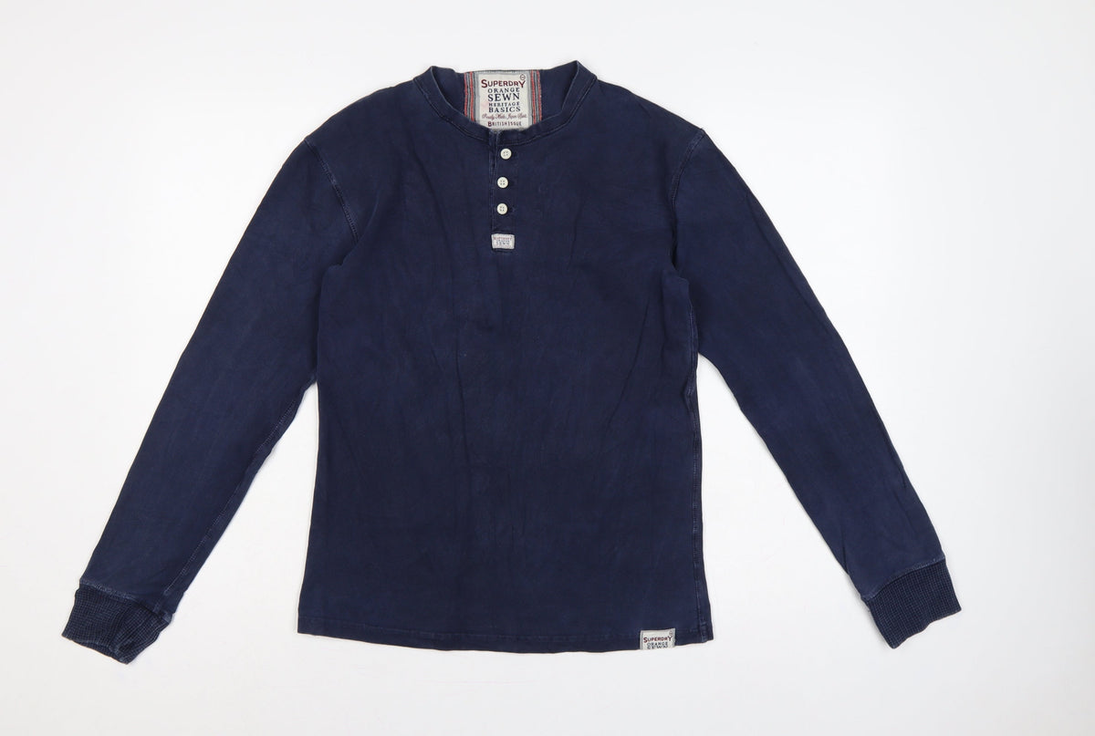 Superdry Mens Blue Large Long Sleeve Henley Jersey T-Shirt
