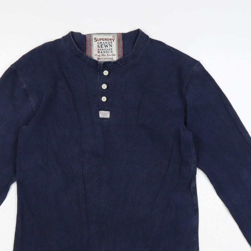 Superdry Mens Blue Large Long Sleeve Henley Jersey T-Shirt