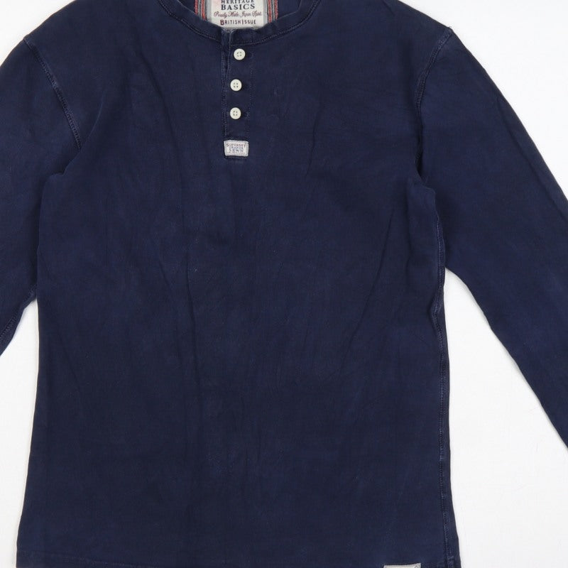 Superdry Mens Blue Large Long Sleeve Henley Jersey T-Shirt