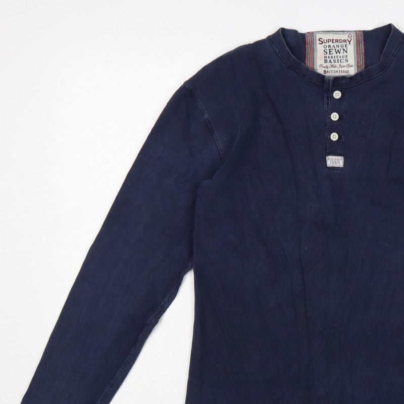 Superdry Mens Blue Large Long Sleeve Henley Jersey T-Shirt