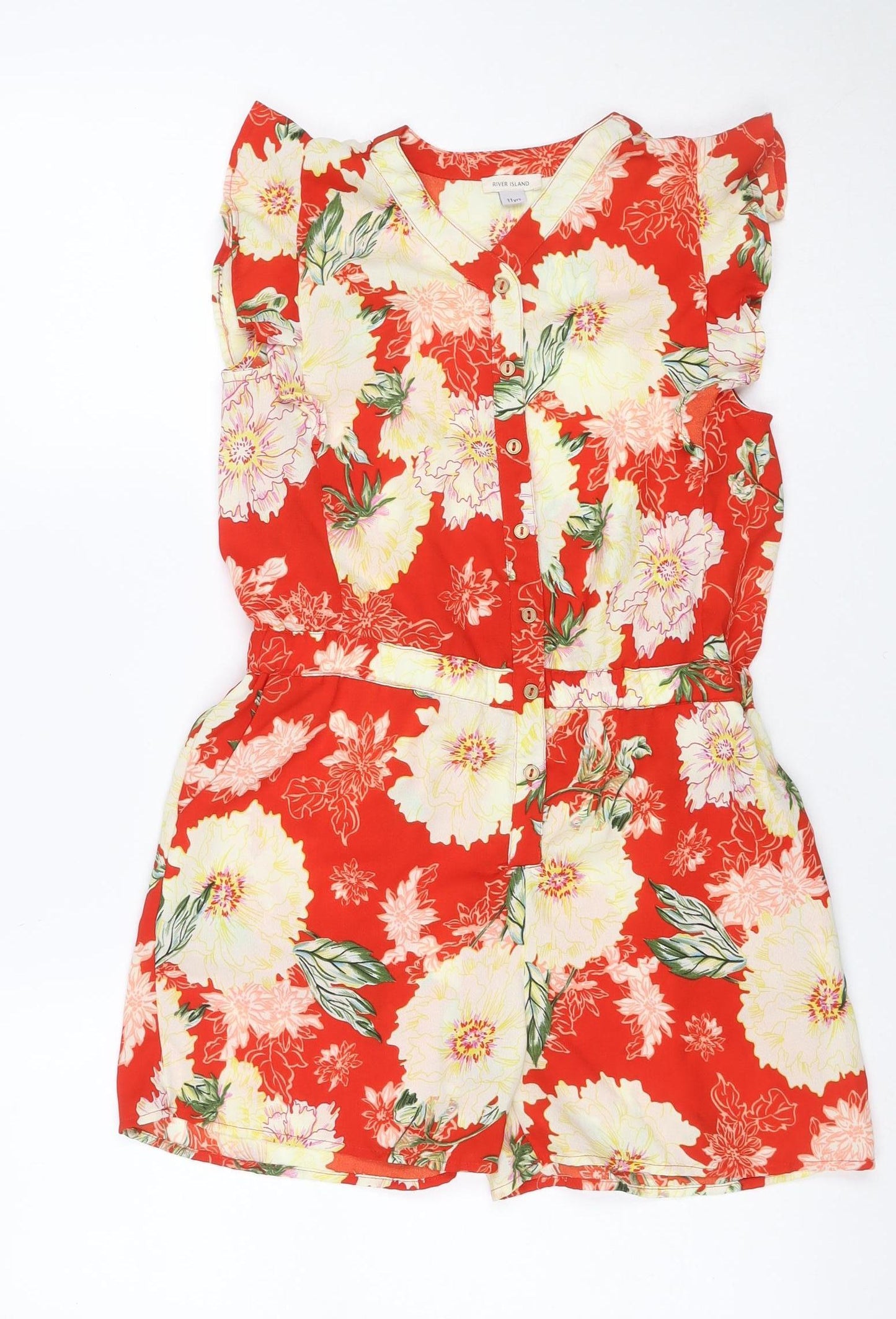 River Island Girls Red Floral Playsuit Age 11 Years Button Front