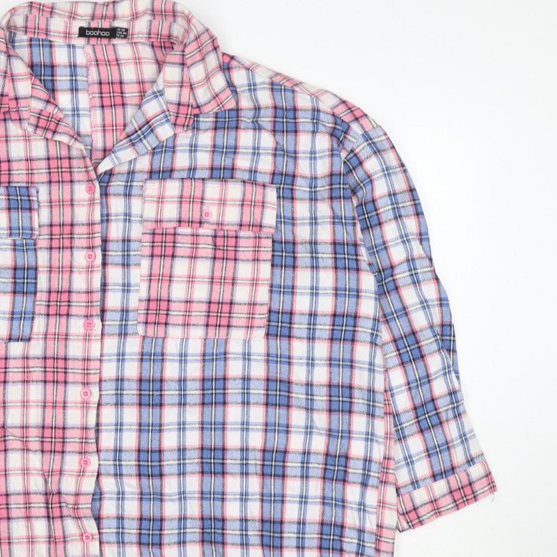 Boohoo Women’s Pink Blue Plaid Button-Up Shirt UK 18 3/4 Sleeve