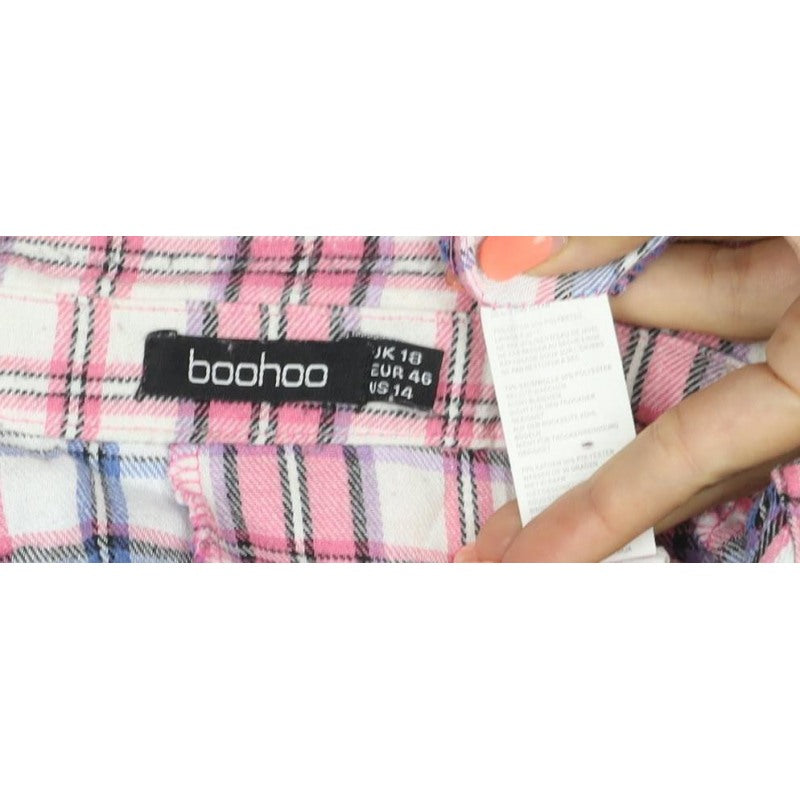 Boohoo Women’s Pink Blue Plaid Button-Up Shirt UK 18 3/4 Sleeve