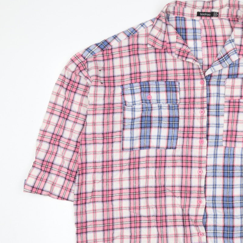 Boohoo Women’s Pink Blue Plaid Button-Up Shirt UK 18 3/4 Sleeve