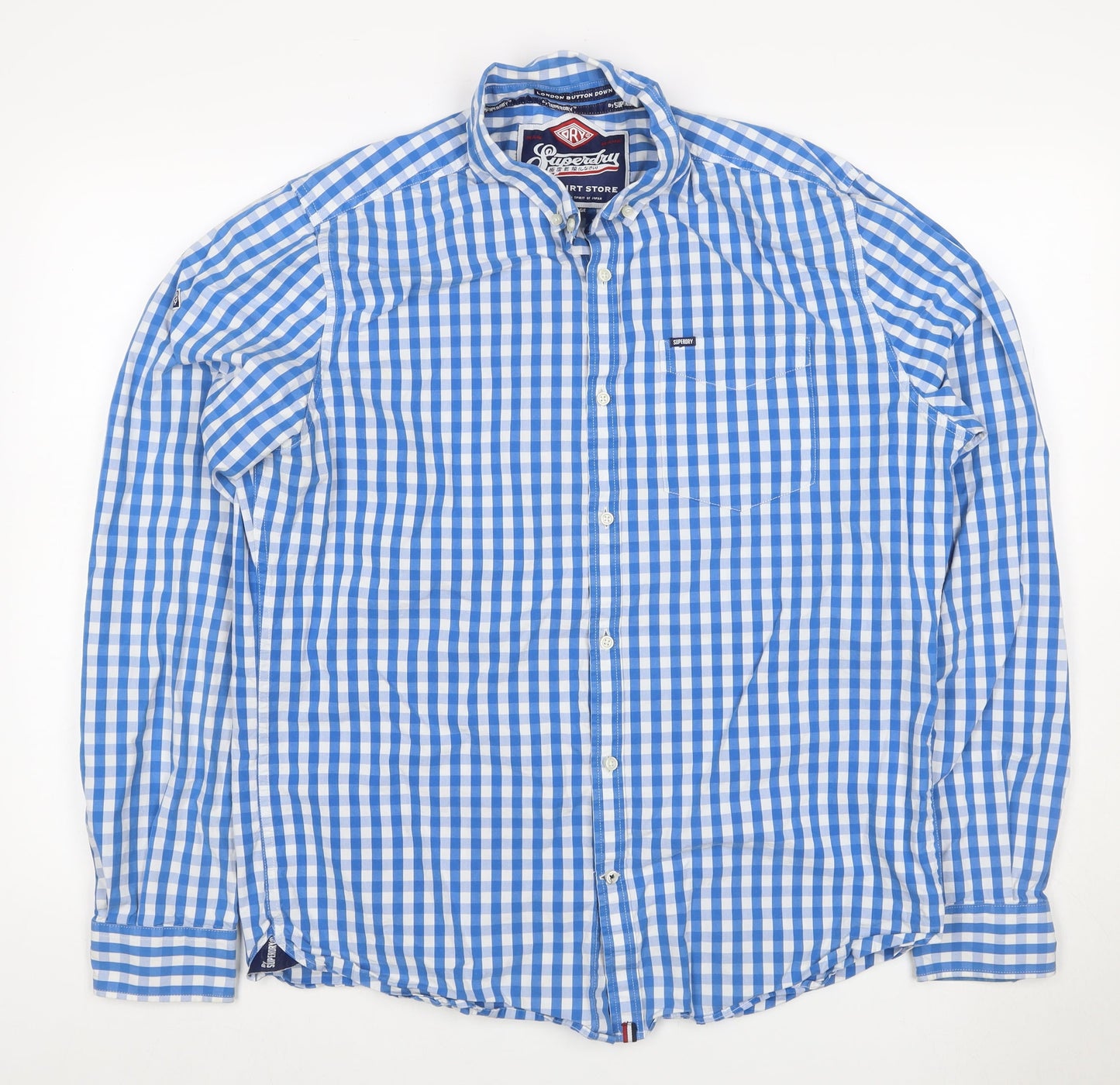 Superdry Men’s Blue Check Button-Down Cotton Shirt 2XL Long Sleeve