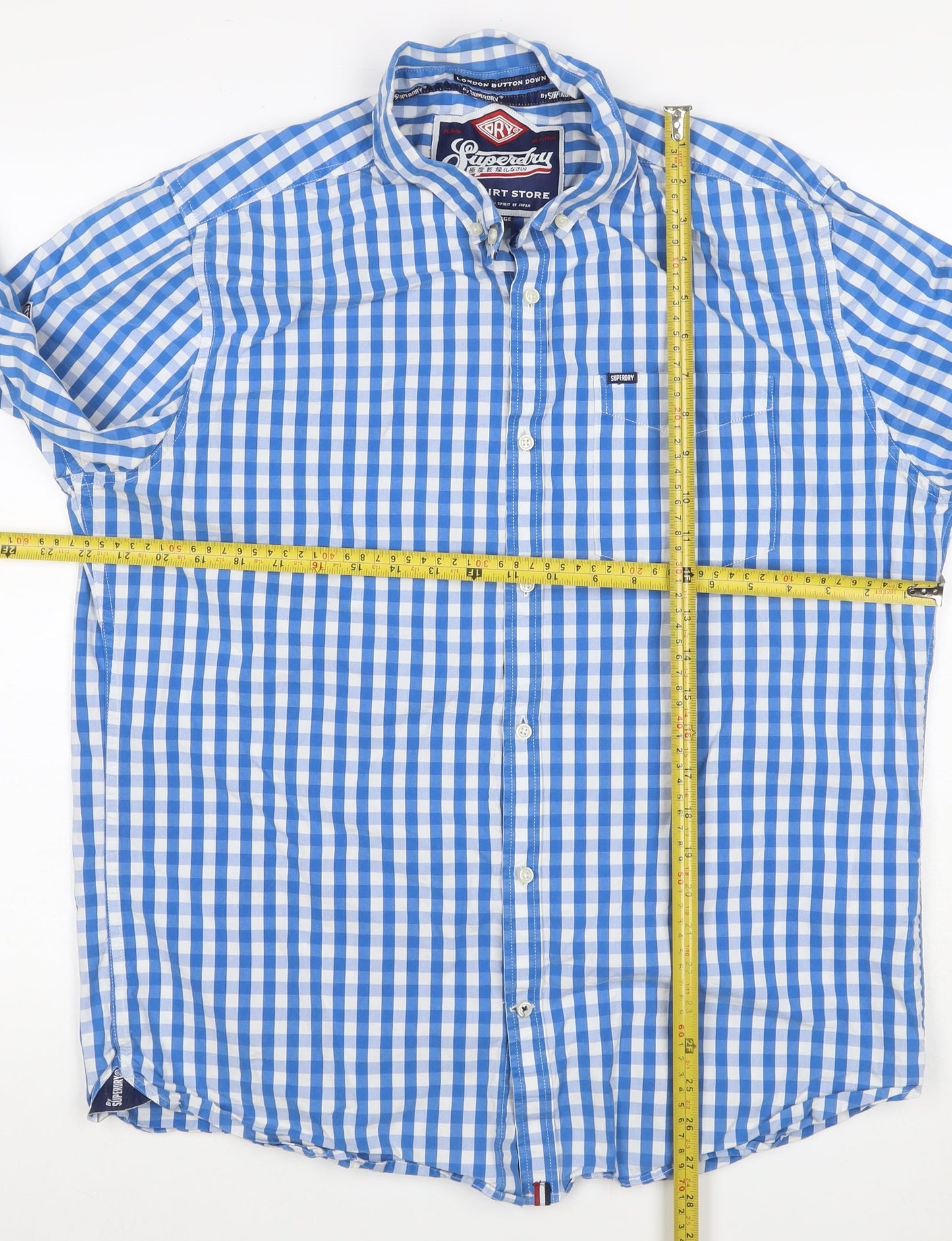 Superdry Men’s Blue Check Button-Down Cotton Shirt 2XL Long Sleeve
