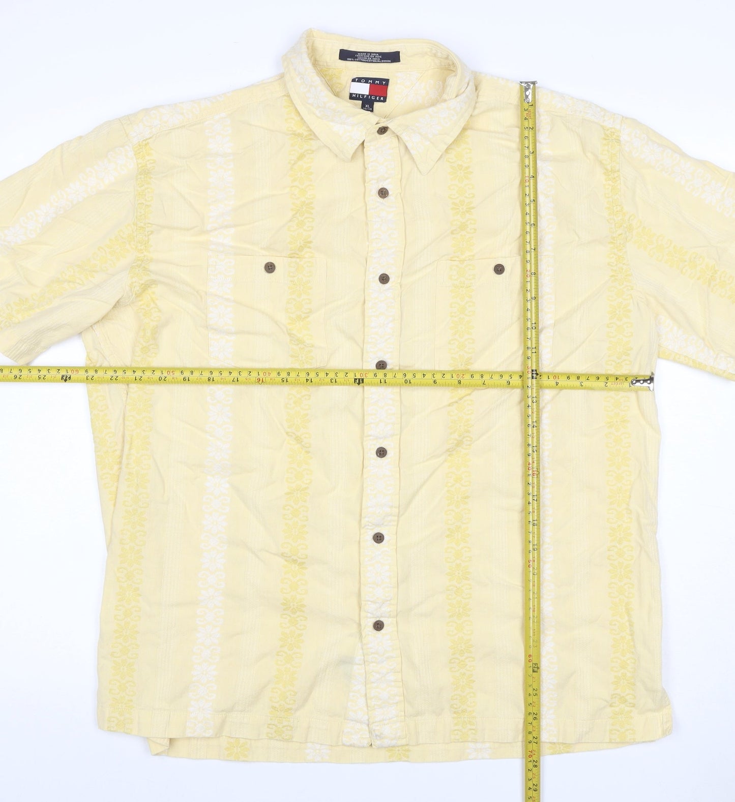 Tommy Hilfiger Men's Yellow XL Floral Short Sleeve Cotton Shirt