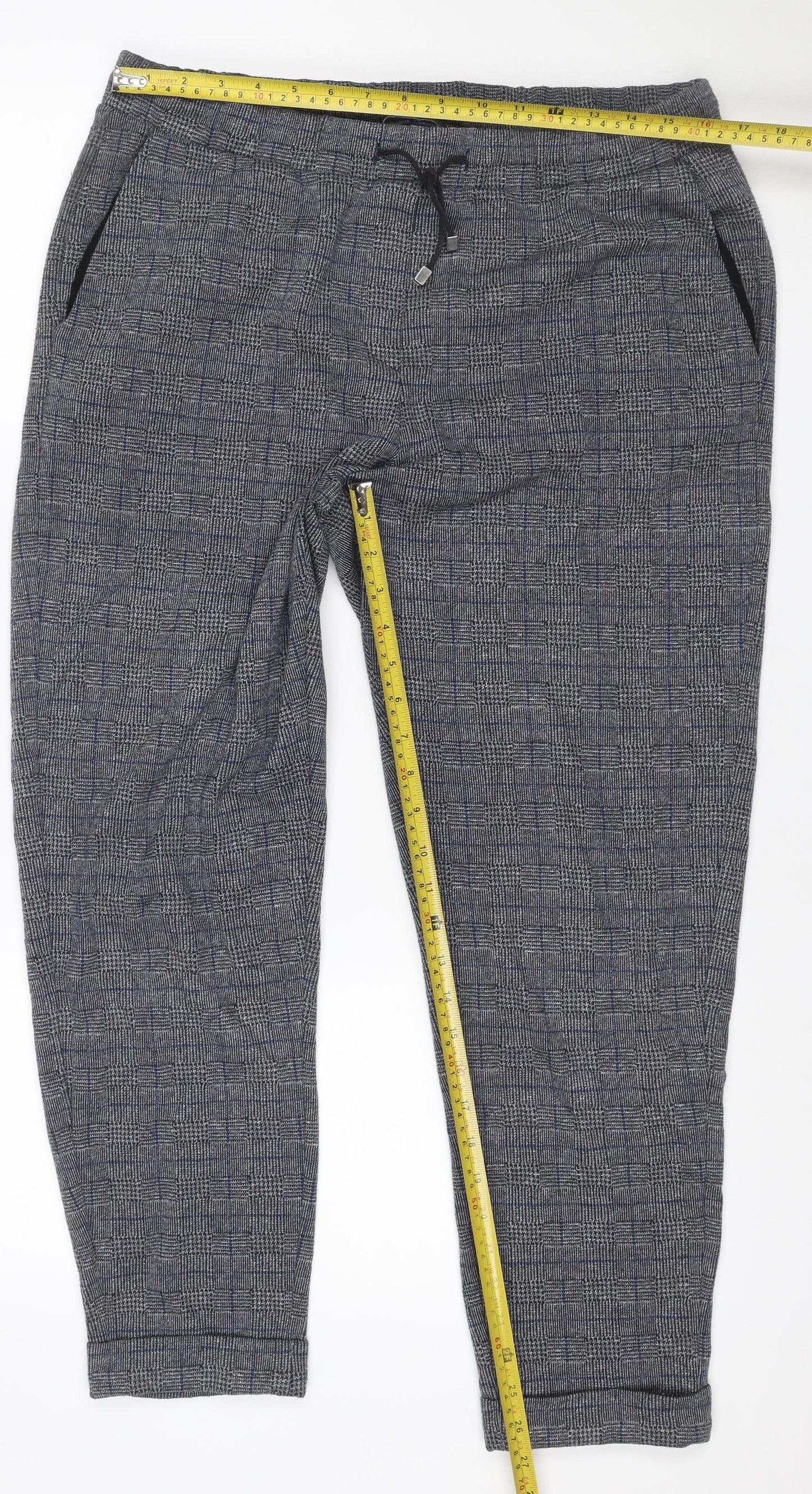 Marks & Spencer Men Grey Check Size 16 Jogger Trousers Drawstring