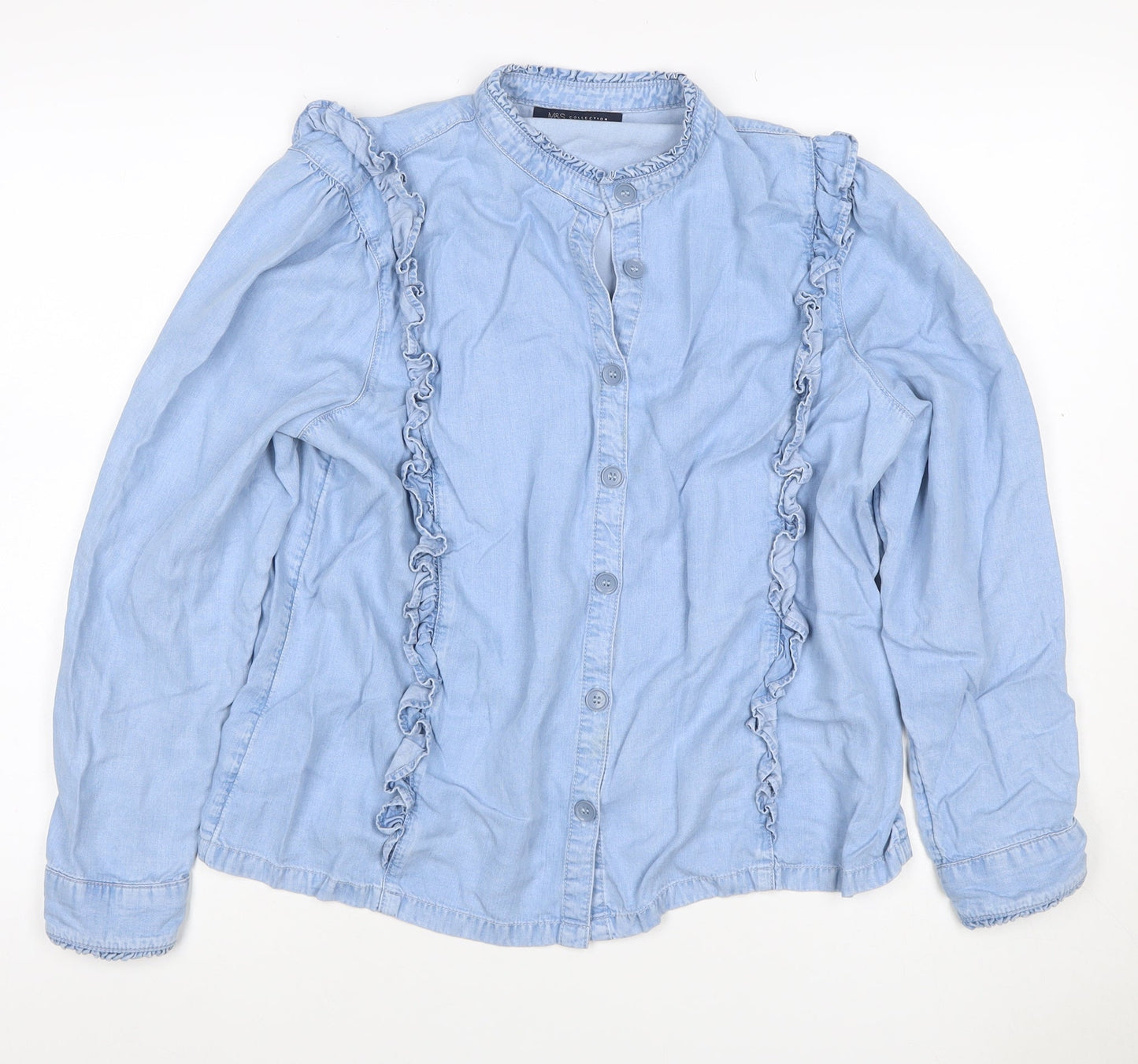 M&S Women Blue Size 16 Lyocell Ruffle Button Blouse Long Sleeve