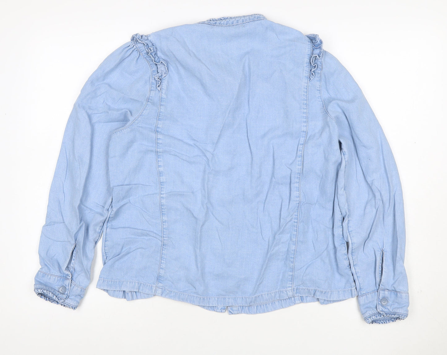 M&S Women Blue Size 16 Lyocell Ruffle Button Blouse Long Sleeve