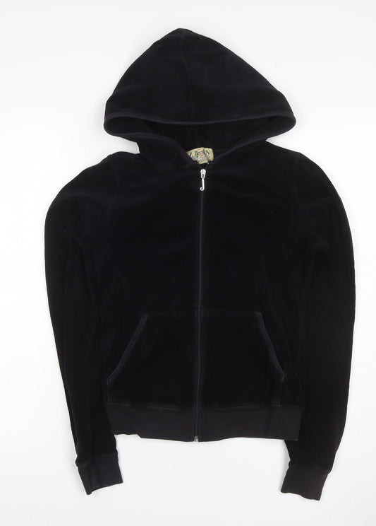Juicy Couture Women Black M Velour Full Zip Hooded Hoodie