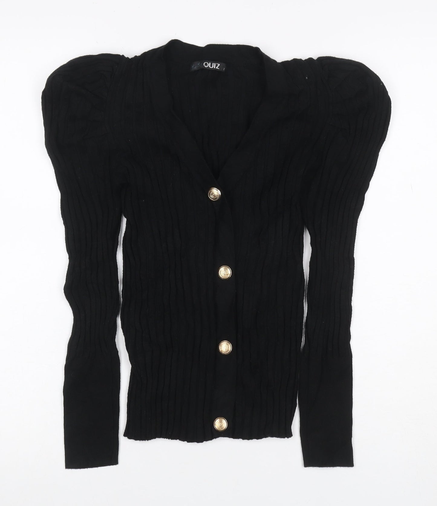 Quiz Women Black S Cable Knit Gold Button V-Neck Cardigan