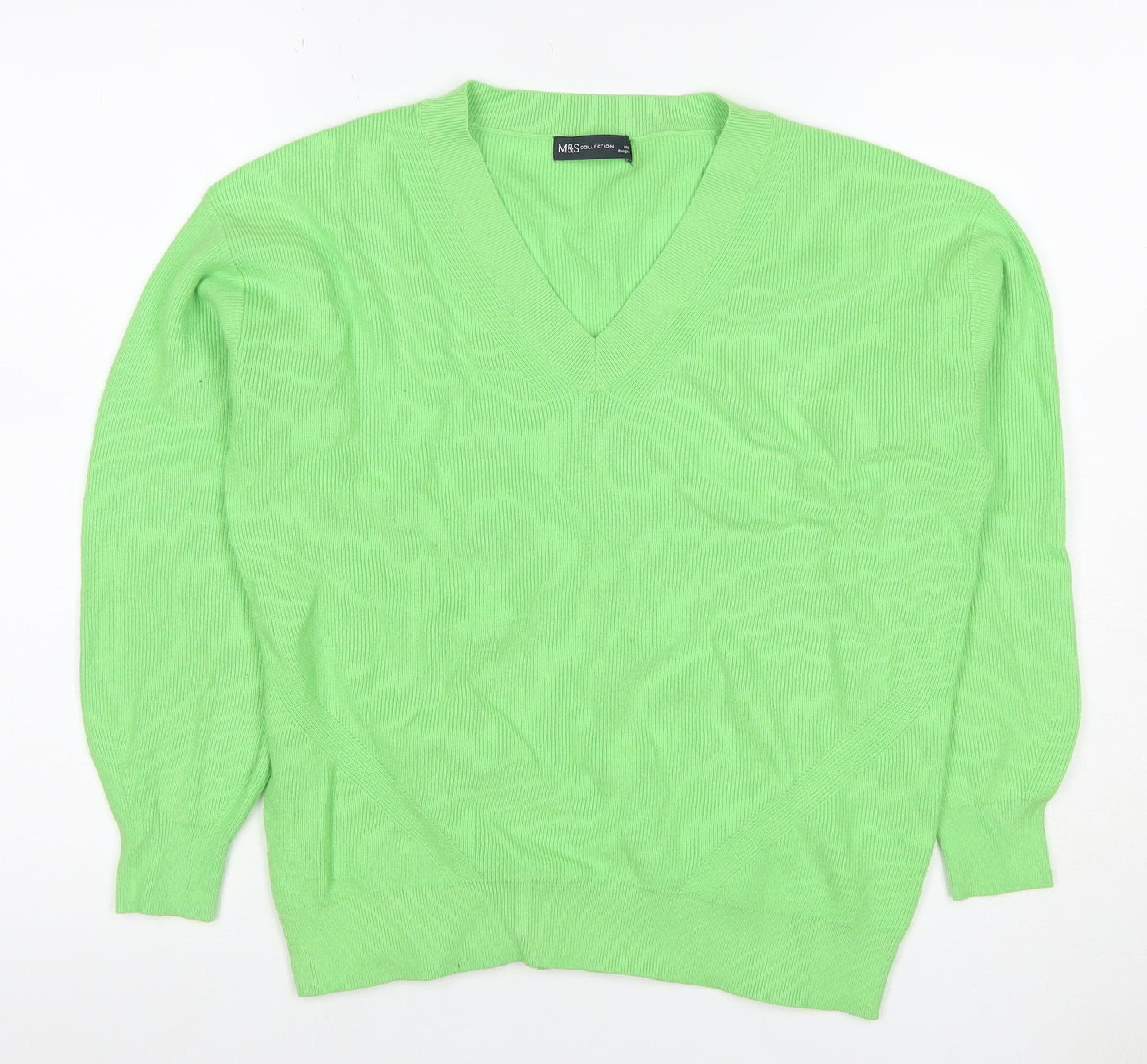 Marks and Spencer Women Green M V-Neck Ribbed Knit Long Sleeve Jumper