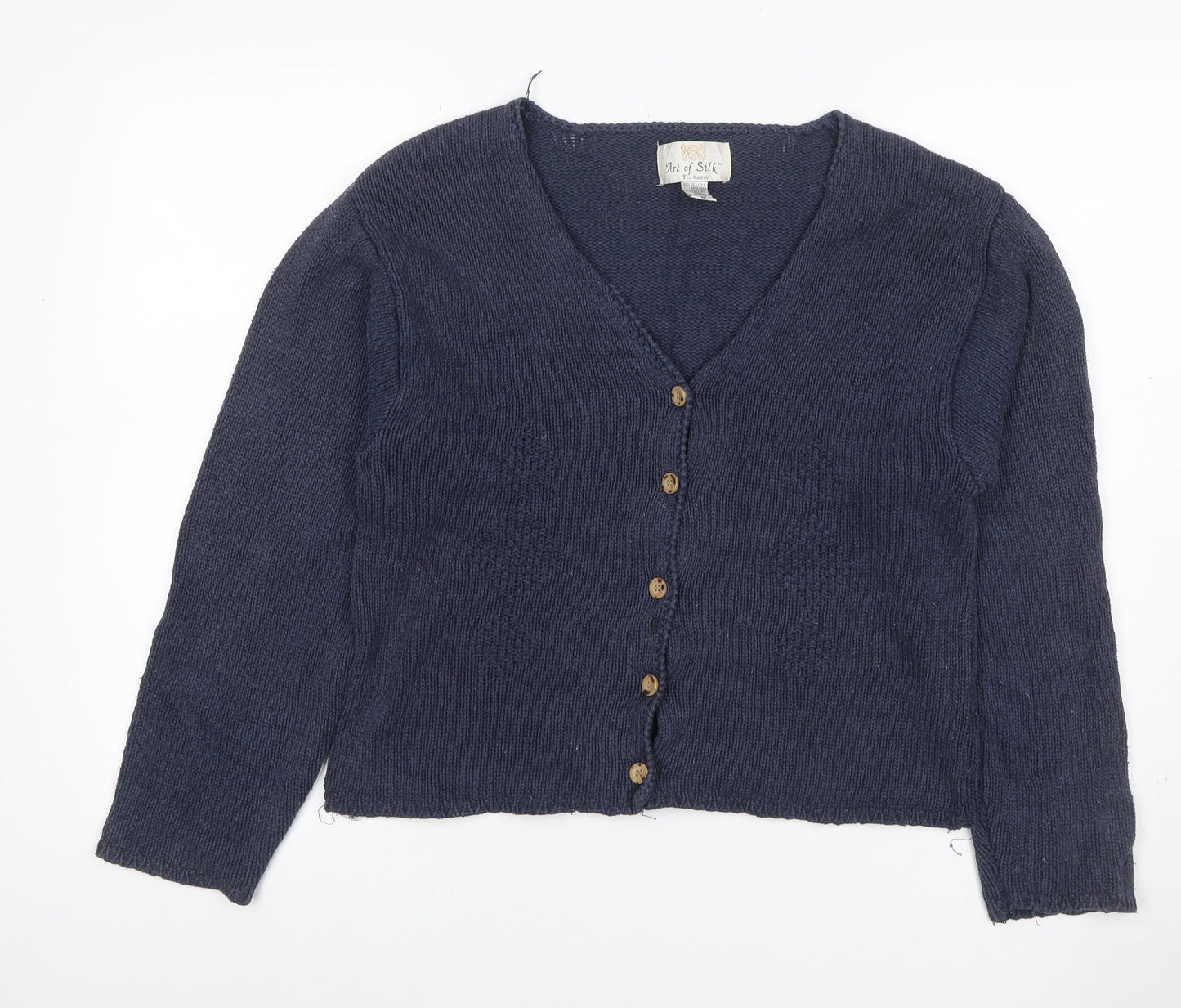 Art of Silk Women’s Blue M Silk Cotton V-Neck Button Cardigan