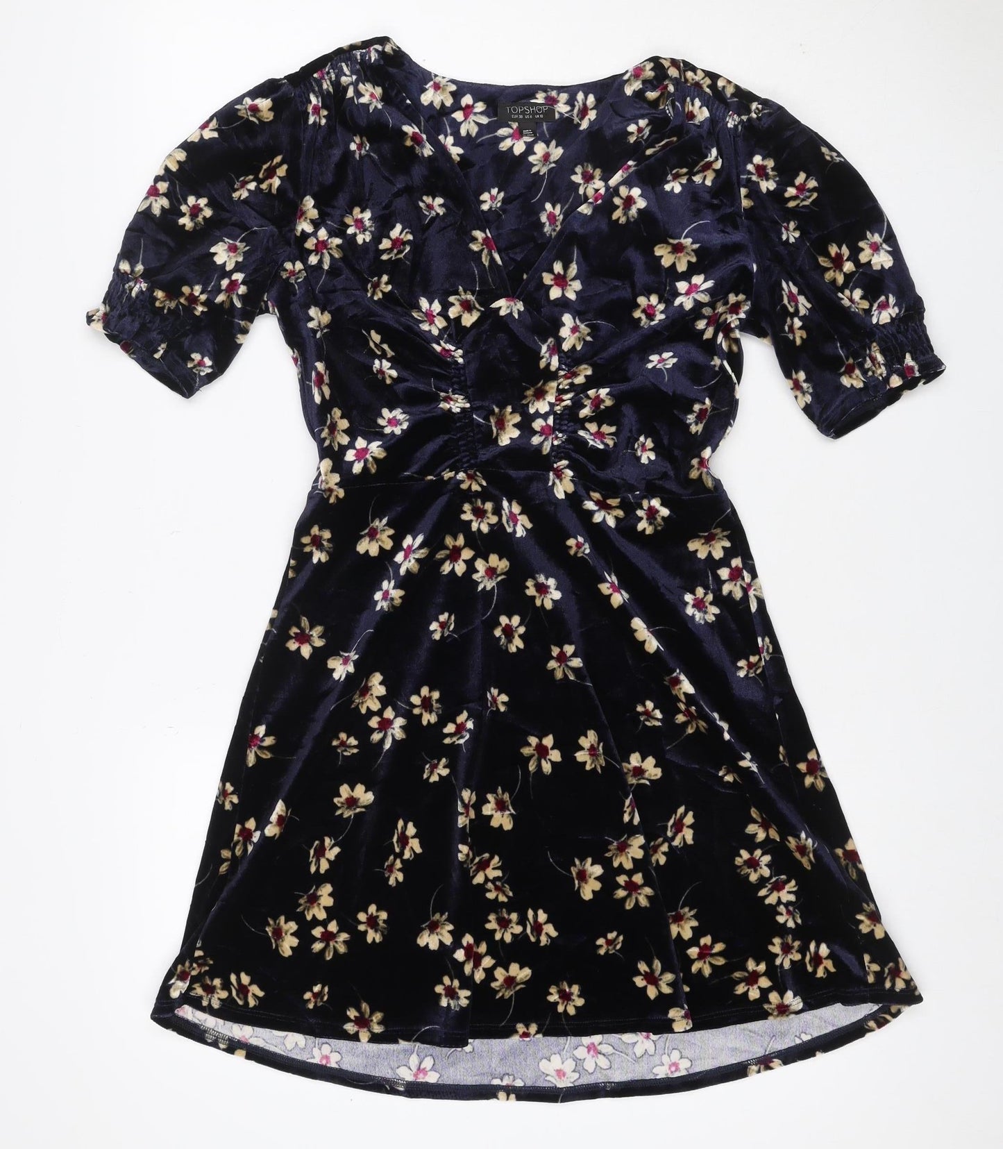 Topshop Women Blue Floral Velvet Fit & Flare Mini Dress UK 10