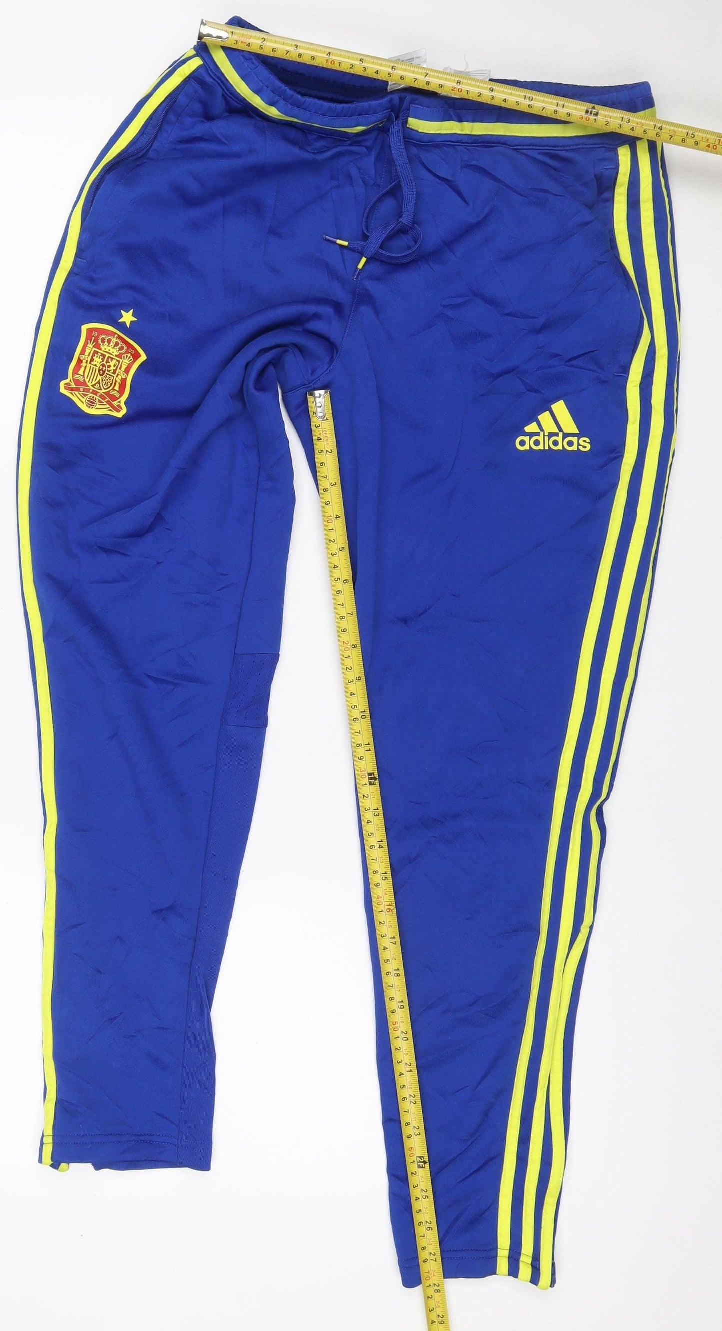 adidas Men Blue M Spain Football ClimaCool Track Pants Yellow Stripe