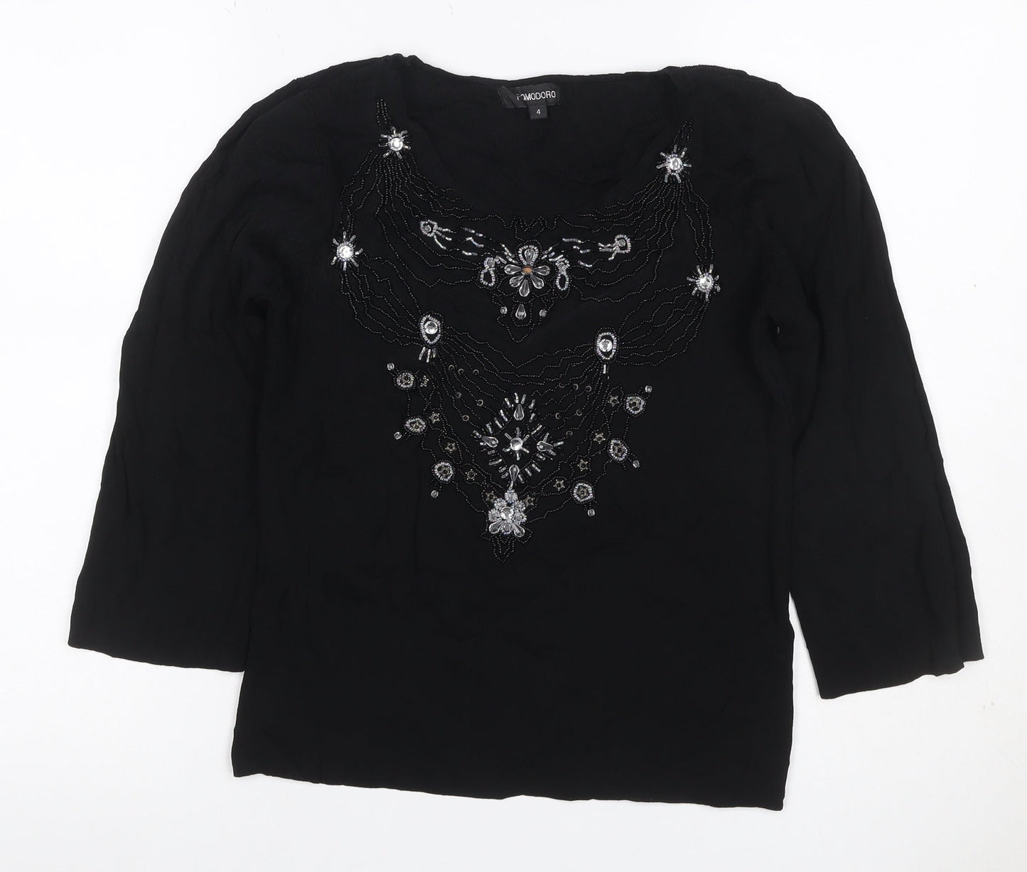 Pomodoro Women Black UK 4 Beaded Rhinestone 3/4 Sleeve Blouse