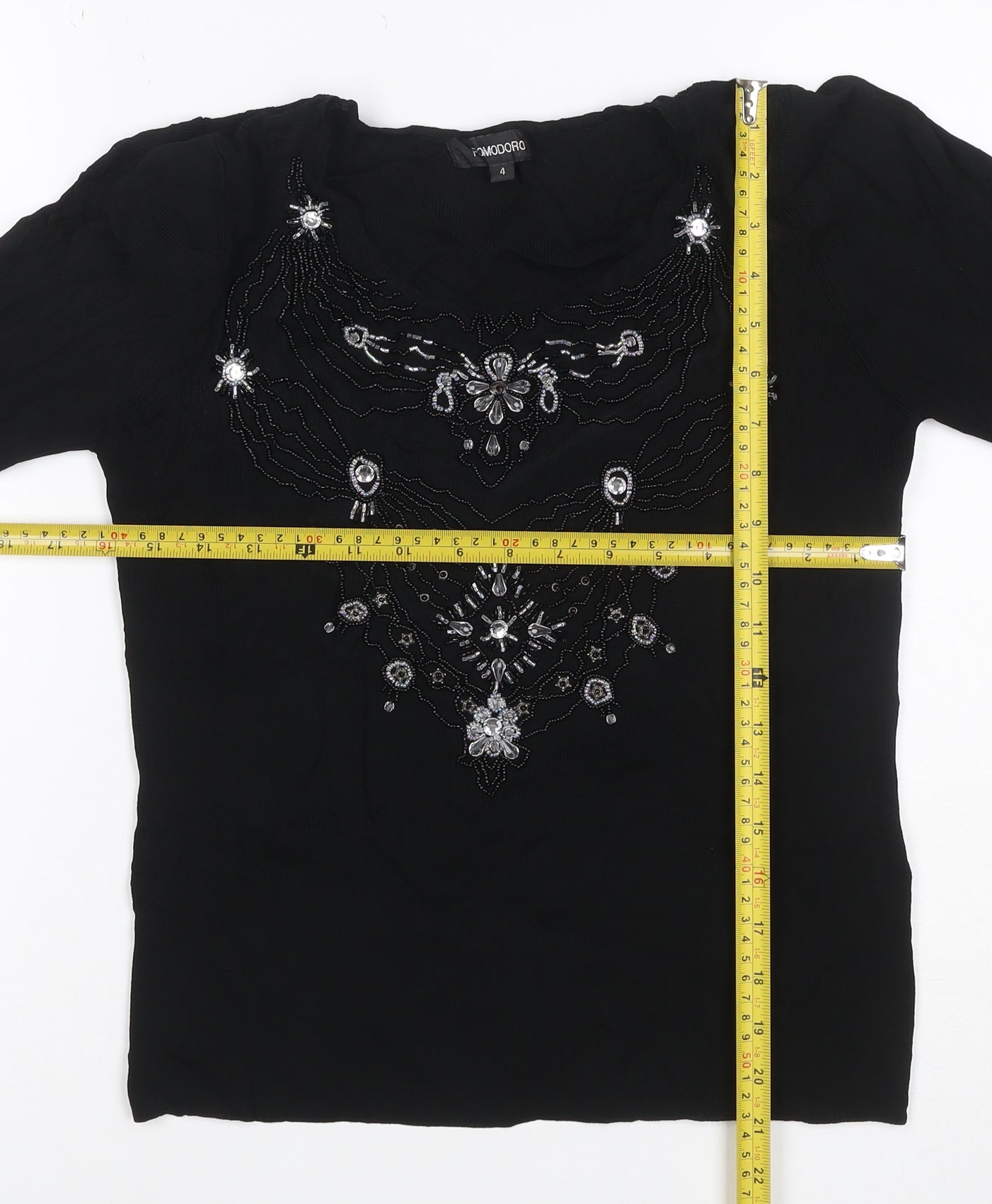 Pomodoro Women Black UK 4 Beaded Rhinestone 3/4 Sleeve Blouse