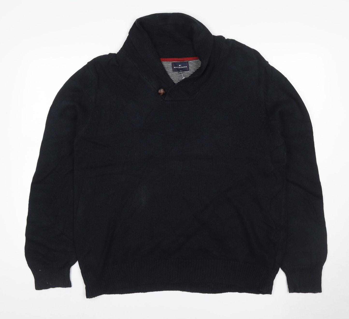 Blue Harbour Men Black XL Shawl Collar Cable Knit Cotton Jumper